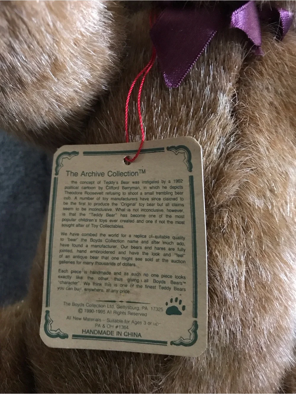 Boyds Bears Brown Plush Teddy with Burgundy Ribbon and Red String Tag